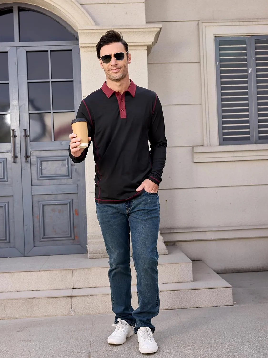 Mens Long Sleeve Polo Shirts Summer Casual Lightweight Knit True Classic Contrast Collar Button-Down Golf Tees Basic