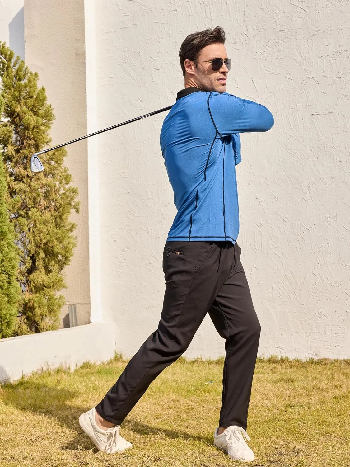 Mens Long Sleeve Polo Shirts Summer Casual Lightweight Knit True Classic Contrast Collar Button-Down Golf Tees Basic