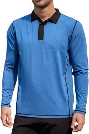 Mens Long Sleeve Polo Shirts Summer Casual Lightweight Knit True Classic Contrast Collar Button-Down Golf Tees Basic