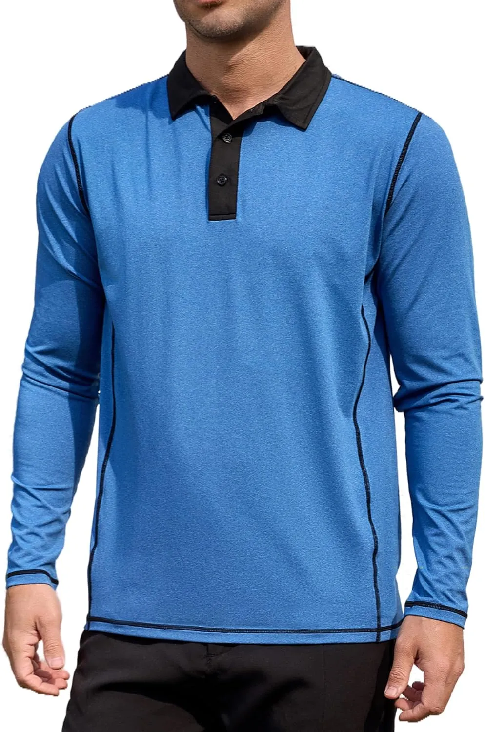 Mens Long Sleeve Polo Shirts Summer Casual Lightweight Knit True Classic Contrast Collar Button-Down Golf Tees Basic
