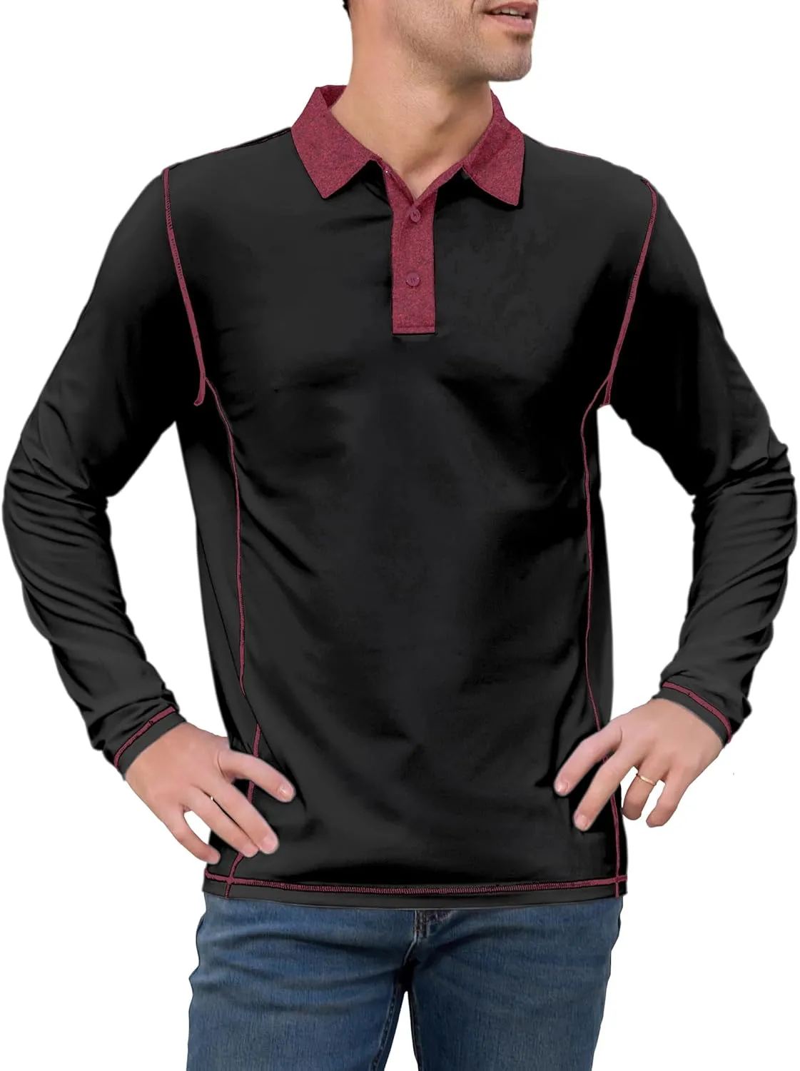 Mens Long Sleeve Polo Shirts Summer Casual Lightweight Knit True Classic Contrast Collar Button-Down Golf Tees Basic