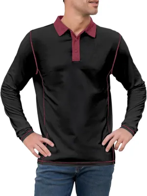 Mens Long Sleeve Polo Shirts Summer Casual Lightweight Knit True Classic Contrast Collar Button-Down Golf Tees Basic