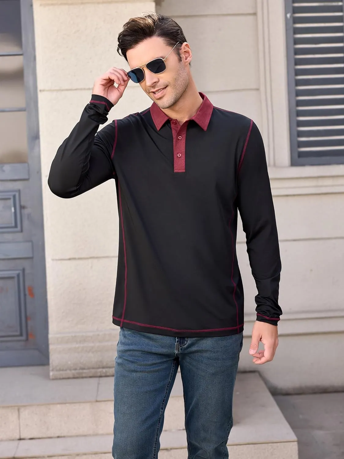 Mens Long Sleeve Polo Shirts Summer Casual Lightweight Knit True Classic Contrast Collar Button-Down Golf Tees Basic