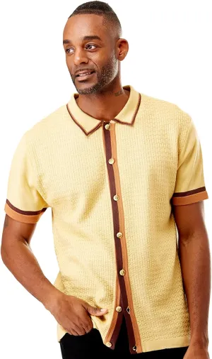 Mens Short Sleeve Knit Sports Shirt - Modern Polo Vintage Classics: Solid Geometric Jacquard with Color Tipping