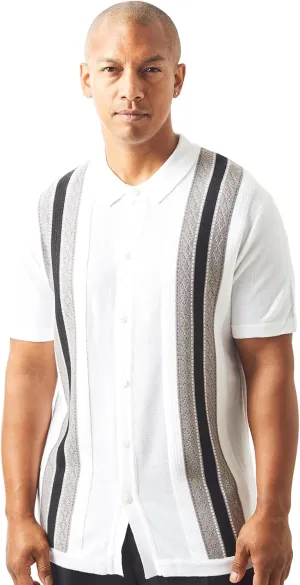 Mens Short Sleeve Knit Sports Shirt - Modern Polo Vintage Classics: Solid Geometric Jacquard with Color Tipping