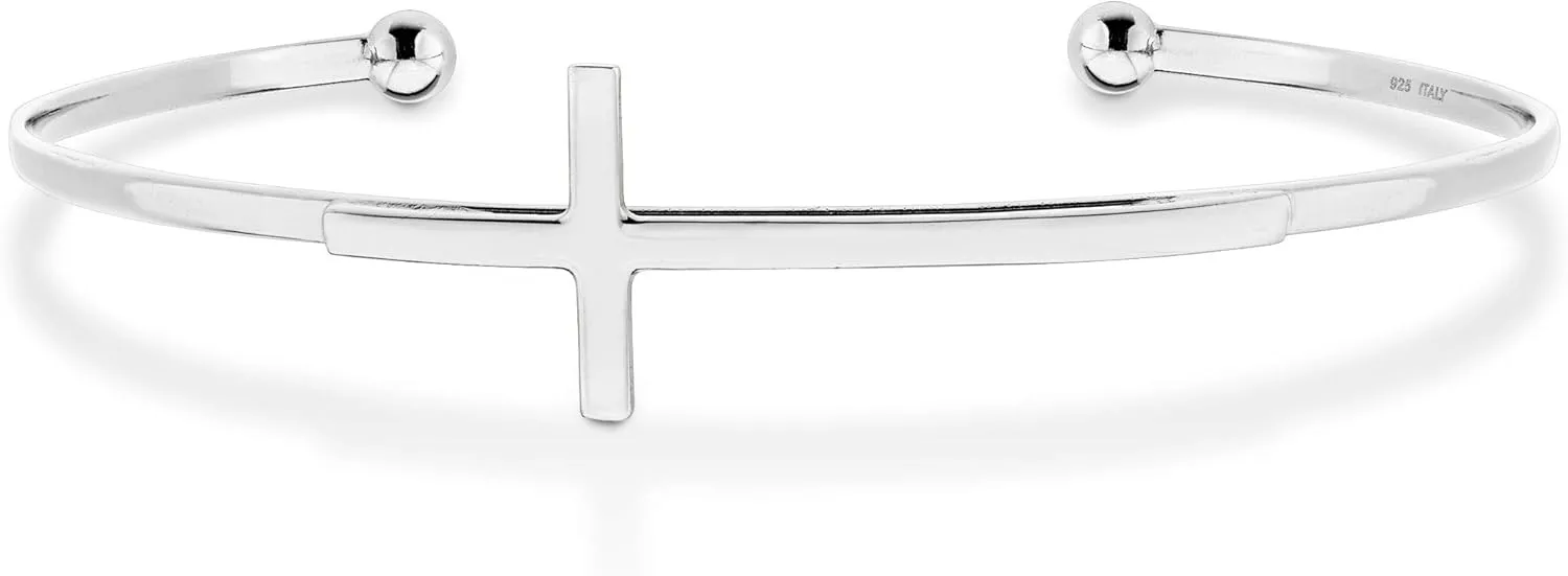 Miabella 925 Sterling Silver or 18K Gold Plated Italian Adjustable Sideways Cross Cuff Bangle Bracelet for Women 7.25-7.5 Inch, Made in Italy