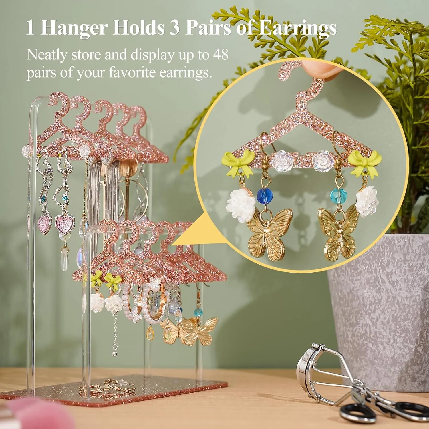 NiHome Glitter Acrylic Earring Holder with Unique Double-Tier Design, Miniature Clothing Hangers with Spacious Storage for 48 Pairs, Mirror-Finish Display for Home Vanity, Retail Showrooms (Beige Red)