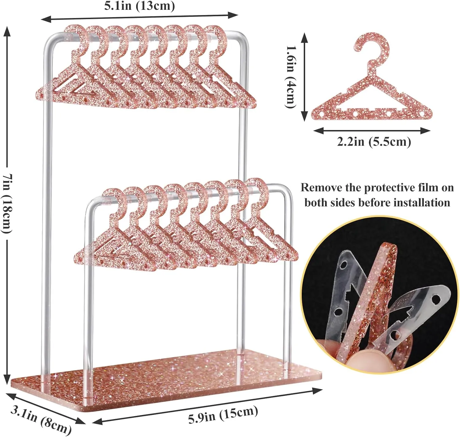 NiHome Glitter Acrylic Earring Holder with Unique Double-Tier Design, Miniature Clothing Hangers with Spacious Storage for 48 Pairs, Mirror-Finish Display for Home Vanity, Retail Showrooms (Beige Red)