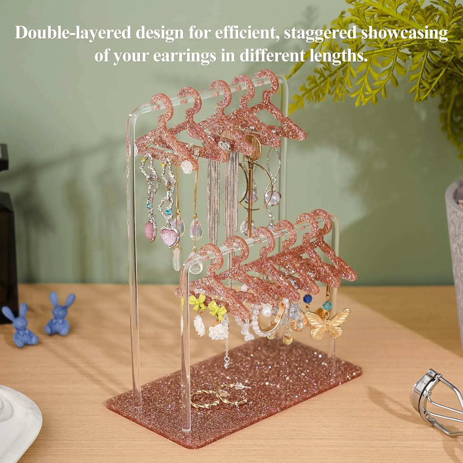 NiHome Glitter Acrylic Earring Holder with Unique Double-Tier Design, Miniature Clothing Hangers with Spacious Storage for 48 Pairs, Mirror-Finish Display for Home Vanity, Retail Showrooms (Beige Red)