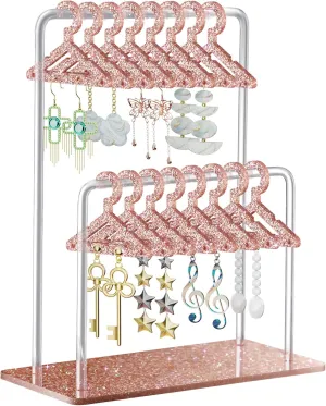NiHome Glitter Acrylic Earring Holder with Unique Double-Tier Design, Miniature Clothing Hangers with Spacious Storage for 48 Pairs, Mirror-Finish Display for Home Vanity, Retail Showrooms (Beige Red)