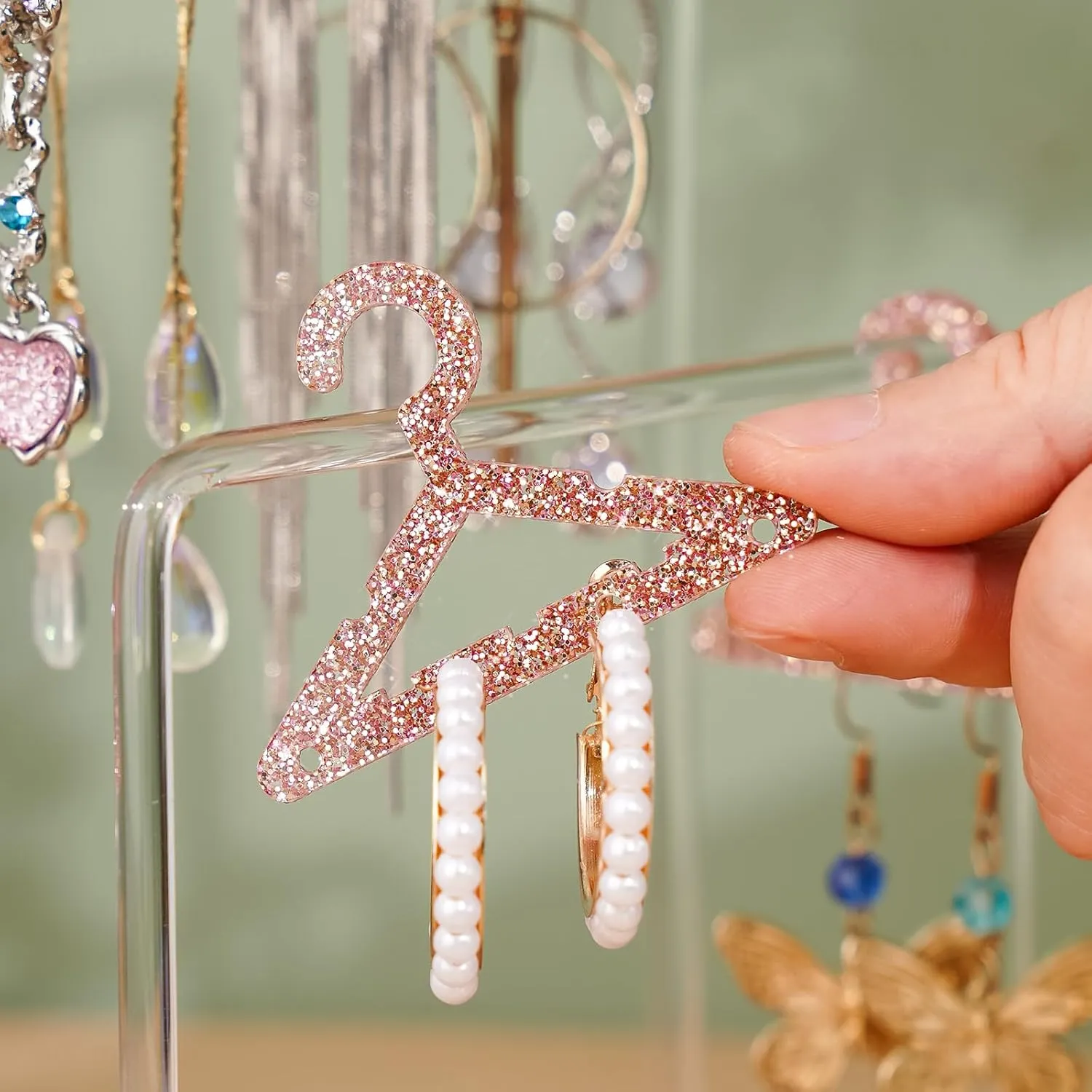 NiHome Glitter Acrylic Earring Holder with Unique Double-Tier Design, Miniature Clothing Hangers with Spacious Storage for 48 Pairs, Mirror-Finish Display for Home Vanity, Retail Showrooms (Beige Red)