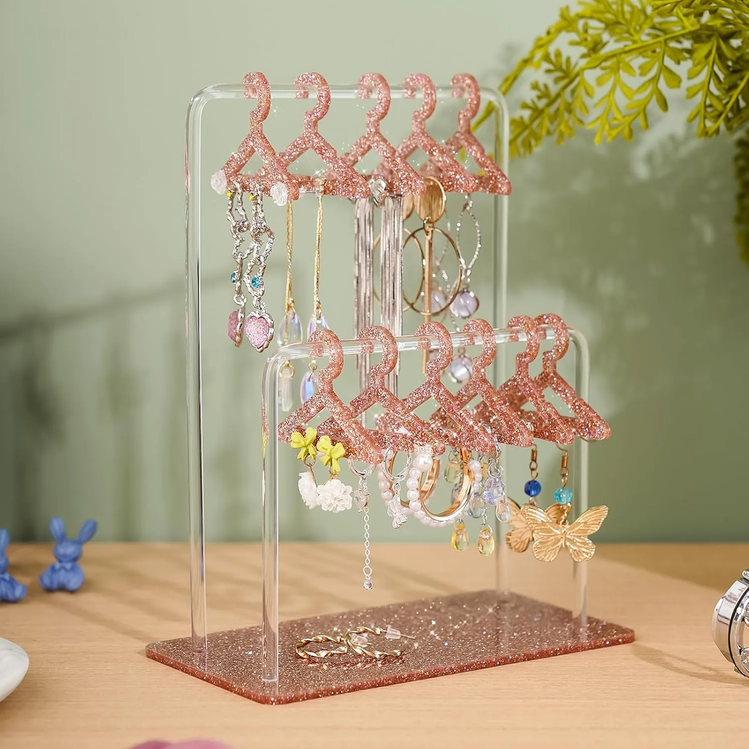 NiHome Glitter Acrylic Earring Holder with Unique Double-Tier Design, Miniature Clothing Hangers with Spacious Storage for 48 Pairs, Mirror-Finish Display for Home Vanity, Retail Showrooms (Beige Red)