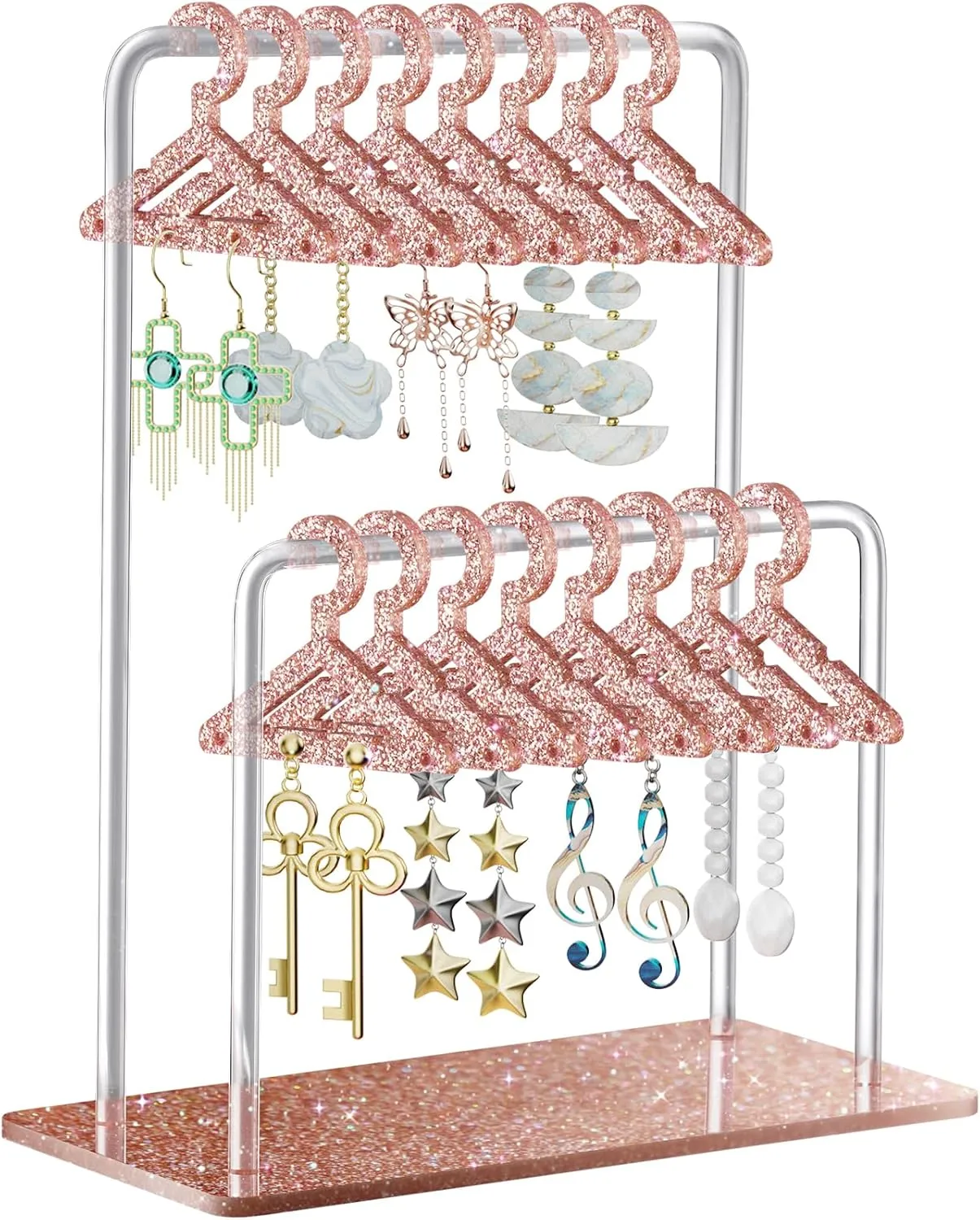 NiHome Glitter Acrylic Earring Holder with Unique Double-Tier Design, Miniature Clothing Hangers with Spacious Storage for 48 Pairs, Mirror-Finish Display for Home Vanity, Retail Showrooms (Beige Red)