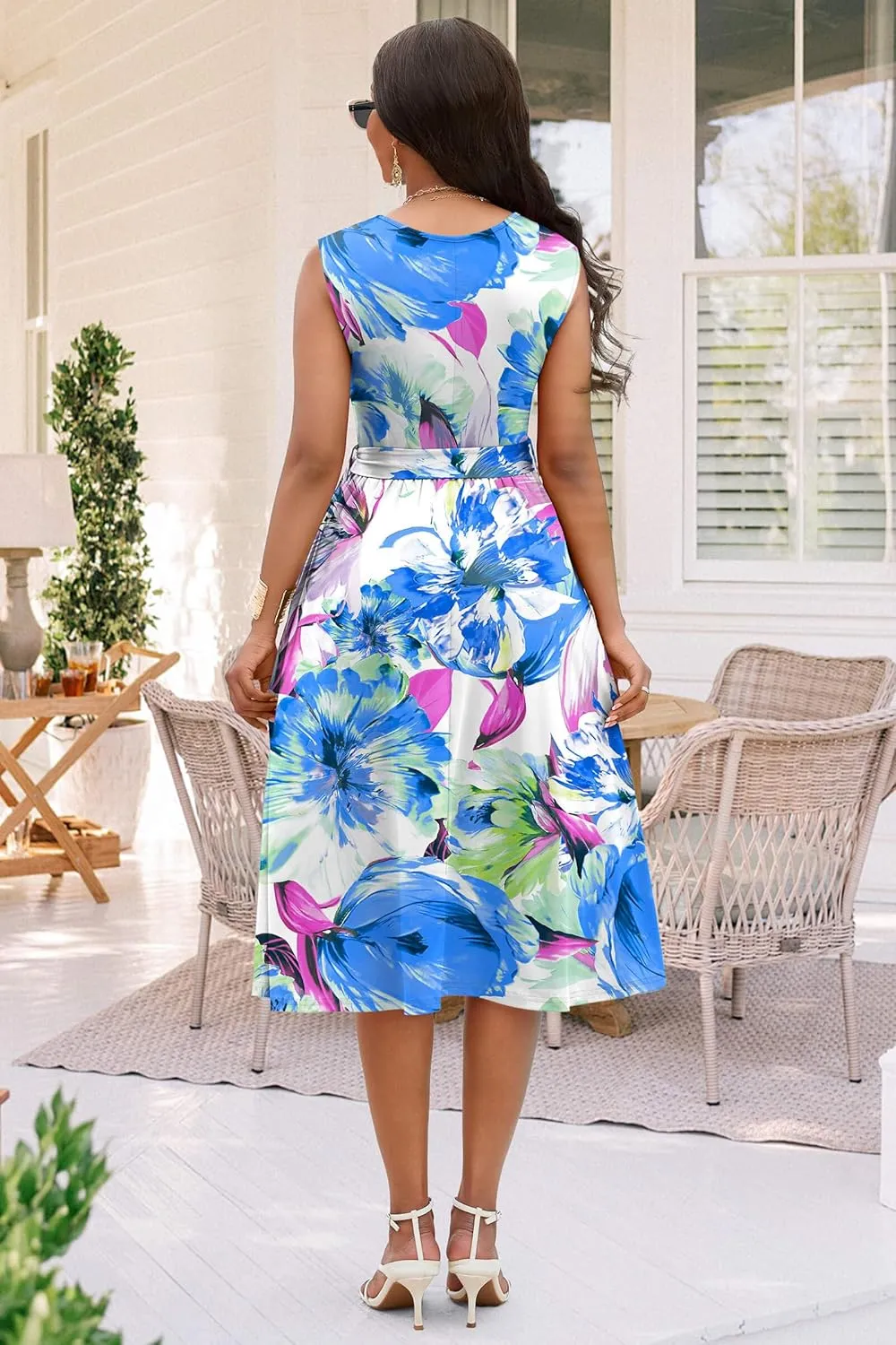 Nmoder Women Summer Dresses Sleeveless Swing Vacation Sundress A-Line Floral Crewneck Casual Midi Dress with Pockets