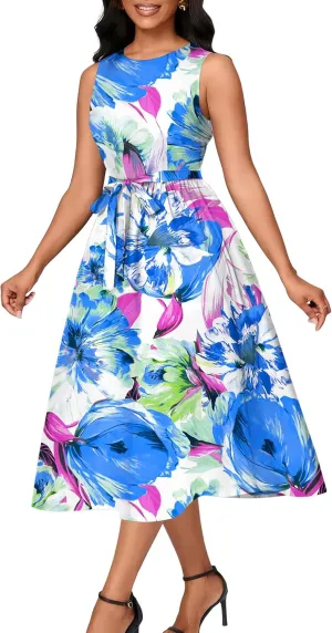 Nmoder Women Summer Dresses Sleeveless Swing Vacation Sundress A-Line Floral Crewneck Casual Midi Dress with Pockets