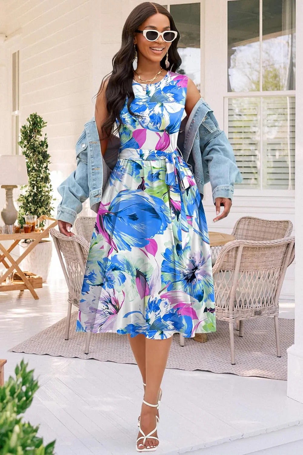 Nmoder Women Summer Dresses Sleeveless Swing Vacation Sundress A-Line Floral Crewneck Casual Midi Dress with Pockets