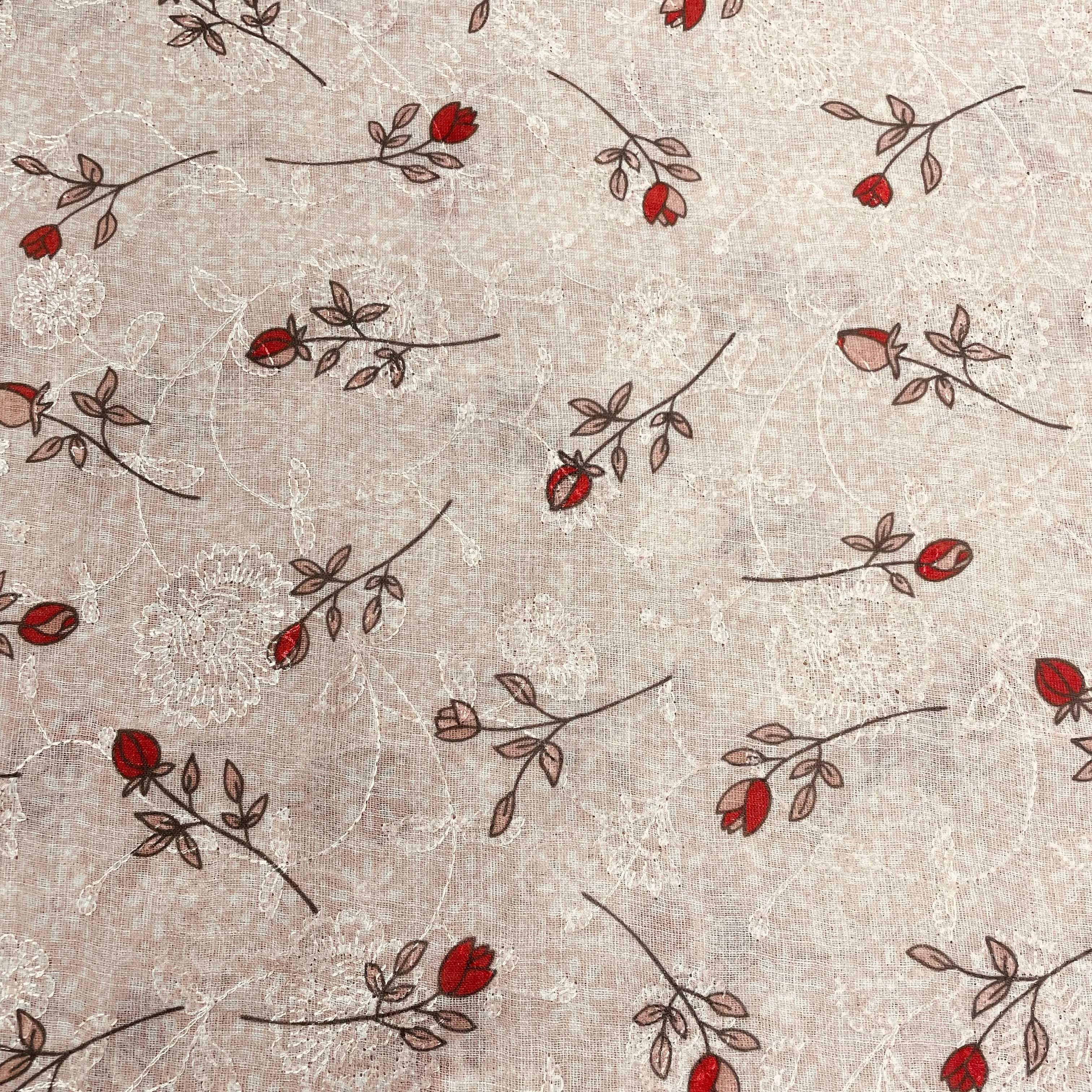 Peach Pink Floral Print Sequins Embroidery Linen Fabric 26