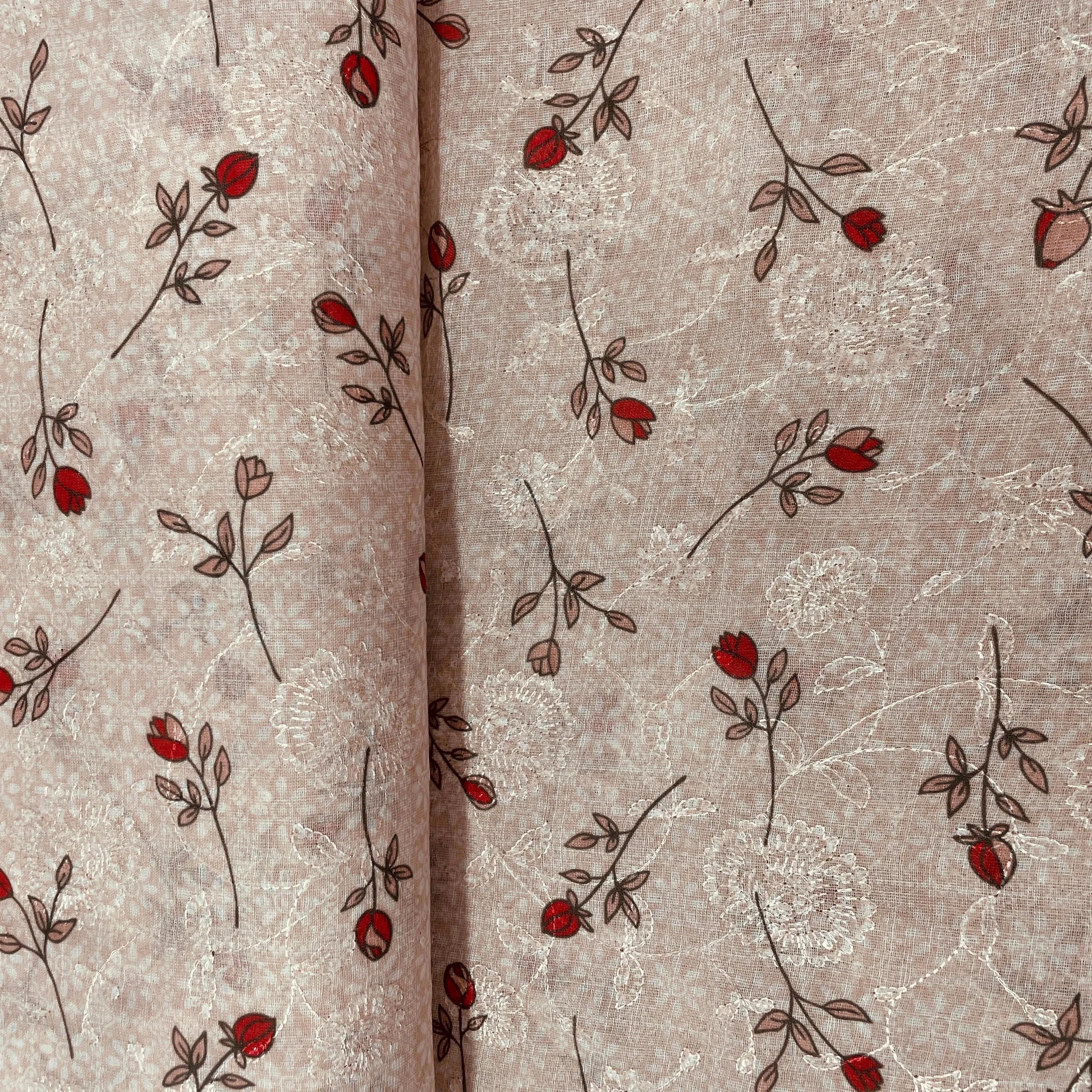 Peach Pink Floral Print Sequins Embroidery Linen Fabric 26