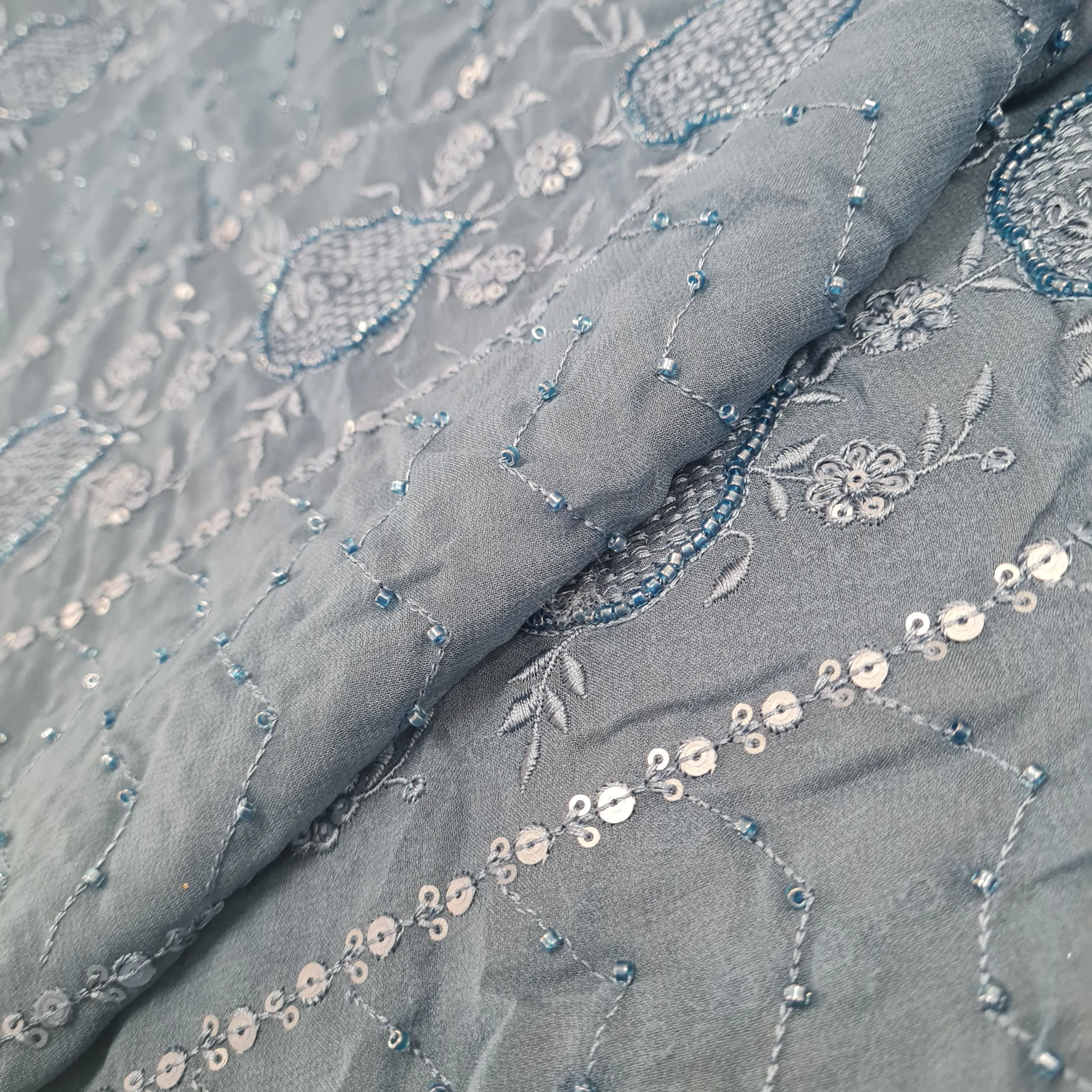 Premium Blue Tropical CutDana Thread Embroidery Georgette Fabric