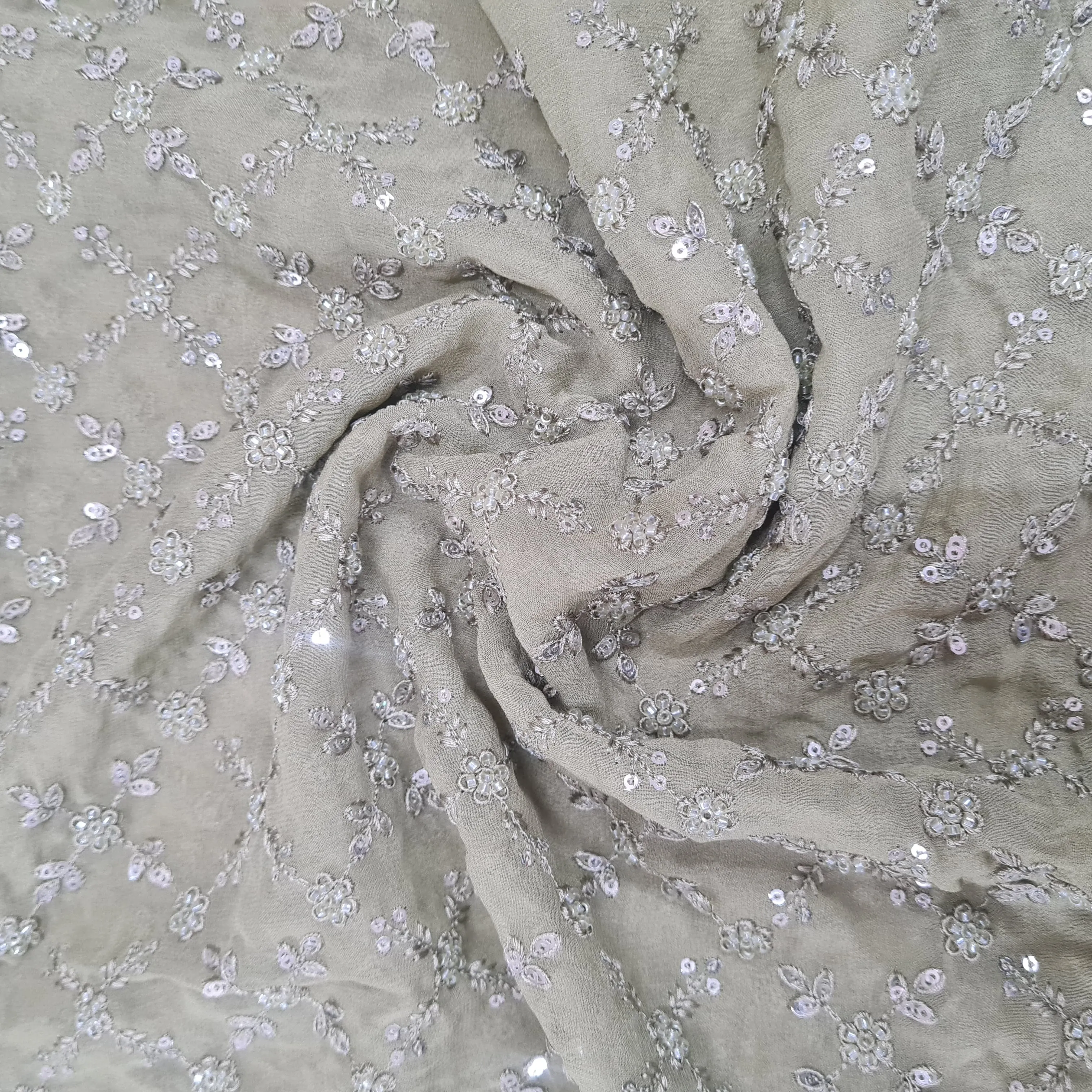 Premium Sage Green Floral Thread Embroidery Georgette Fabric