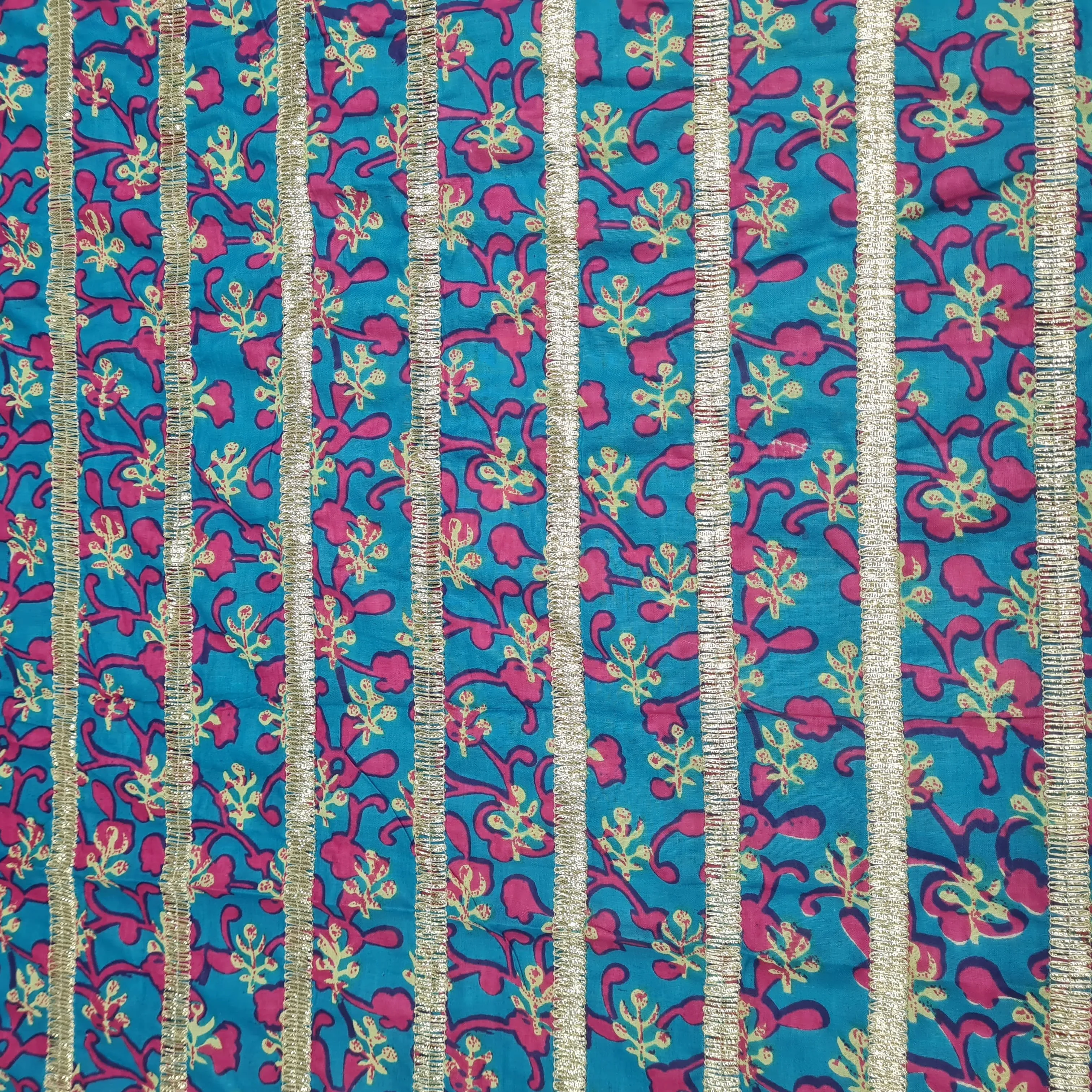 Premium Sky Blue Pink Floral Print Gota Work Cambric Cotton Fabric