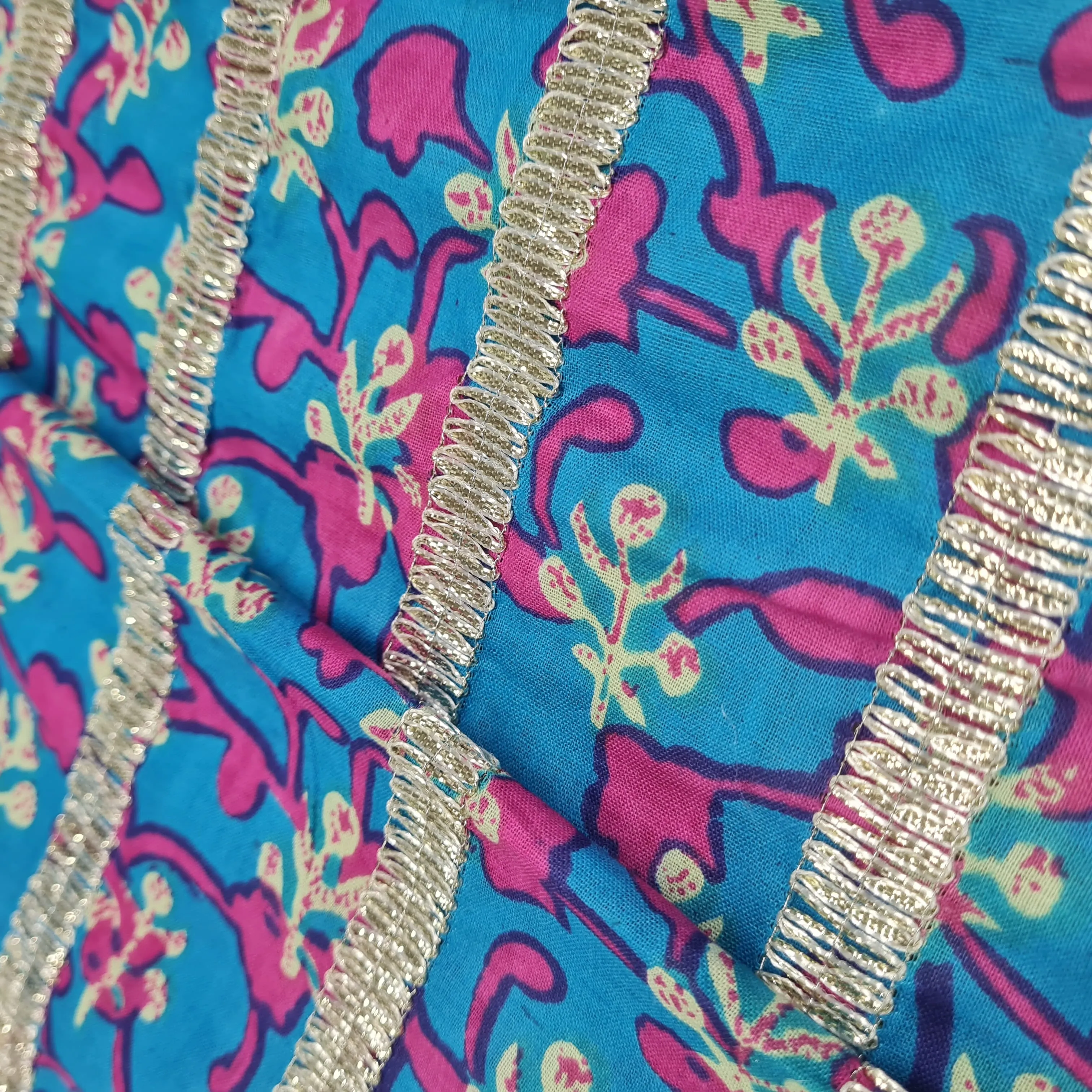 Premium Sky Blue Pink Floral Print Gota Work Cambric Cotton Fabric