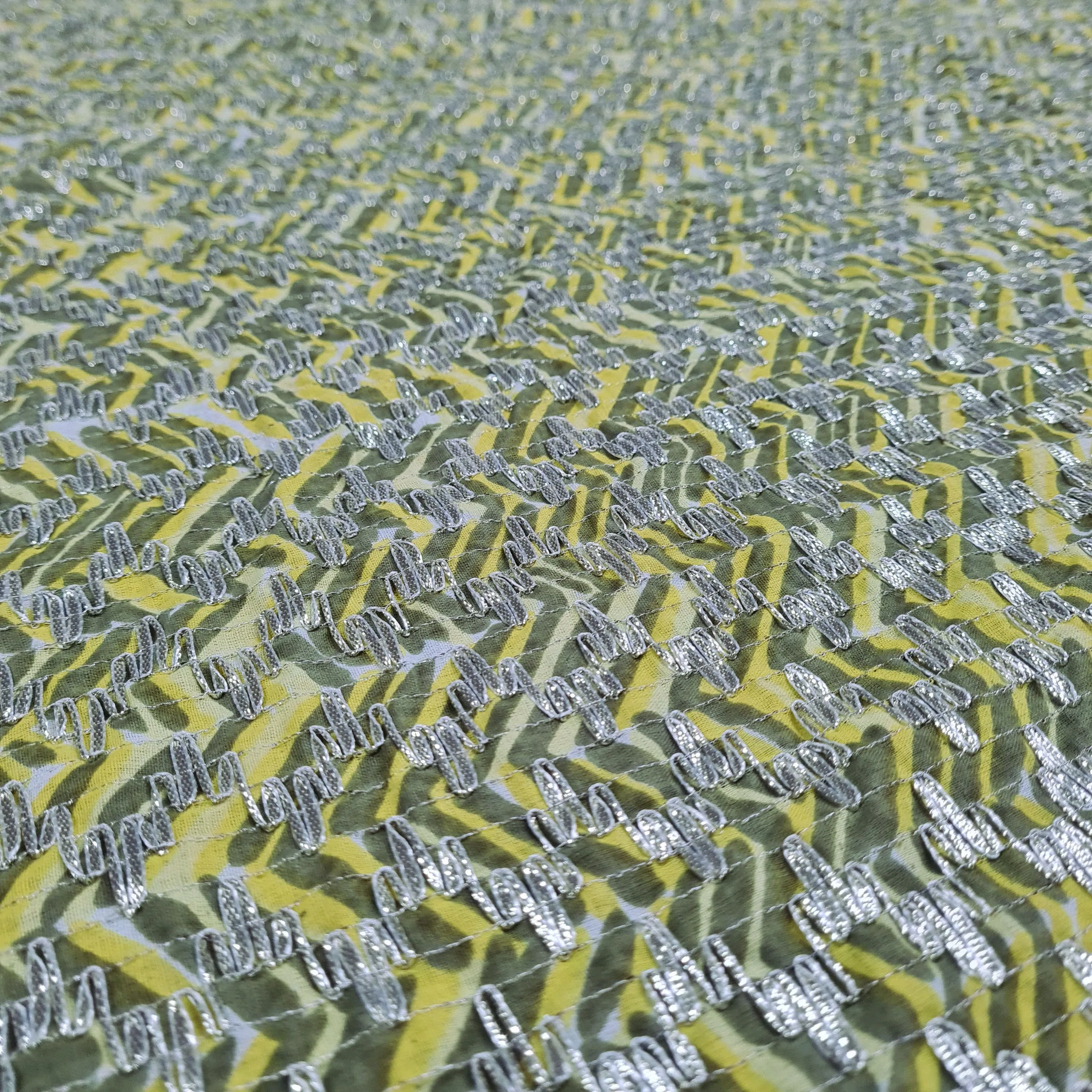 Premium Yellow Olive Green Chevron Print Gota Work Cambric Cotton Fabric
