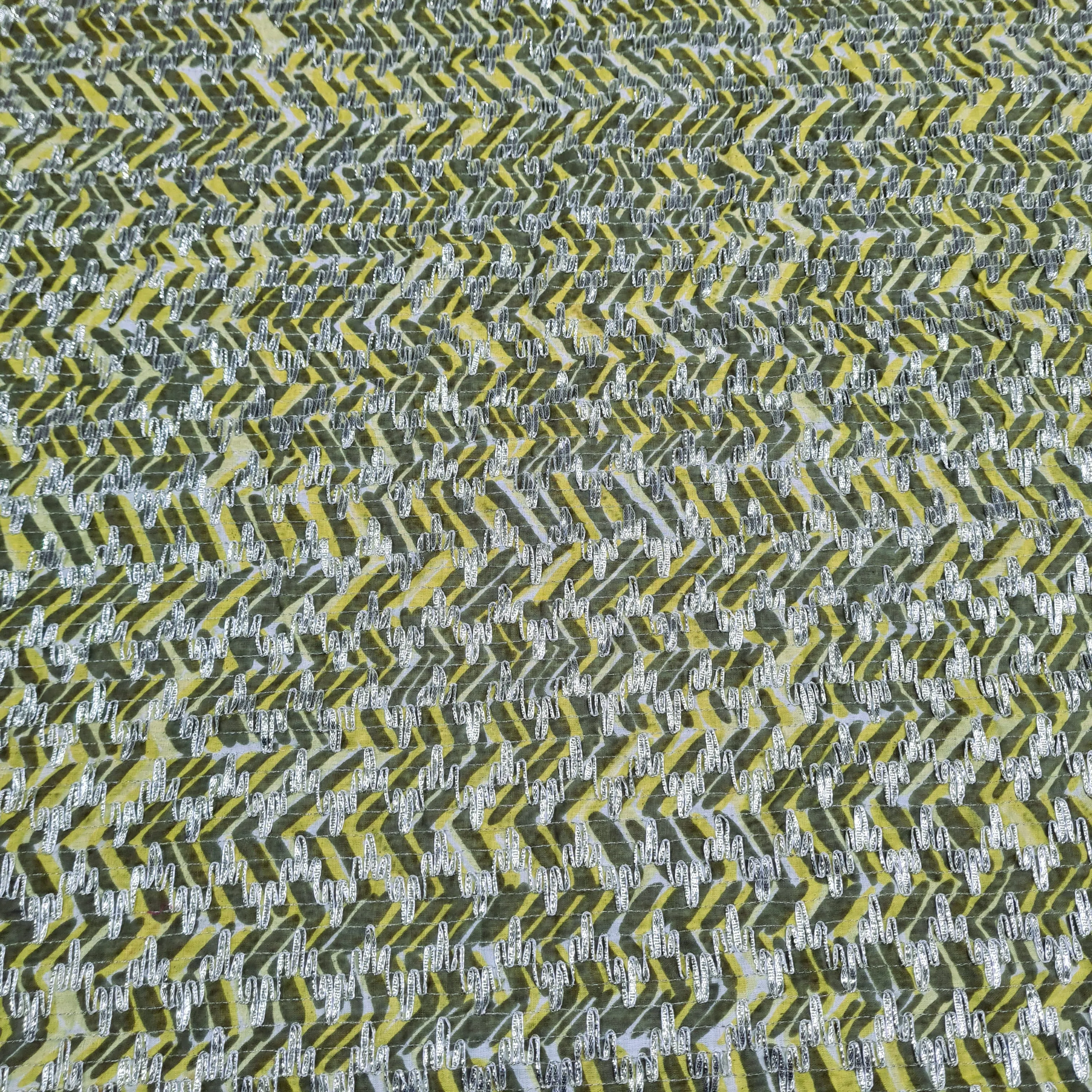 Premium Yellow Olive Green Chevron Print Gota Work Cambric Cotton Fabric