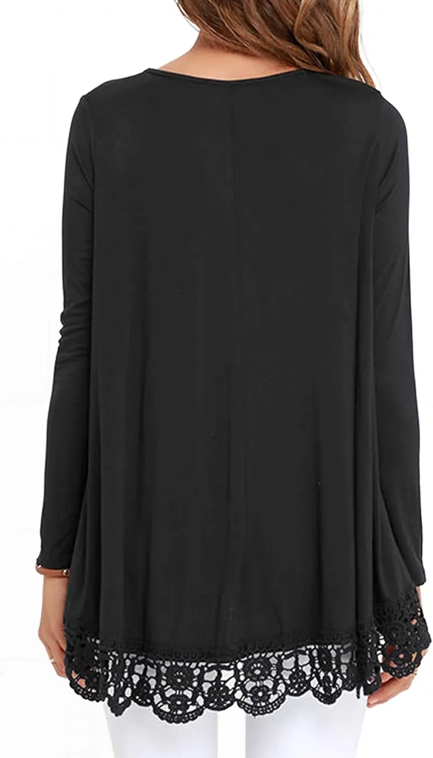 RAGEMALL Women's Tops Long Sleeve Lace Trim O-Neck A-Line Tunic Blouse Tops for Women