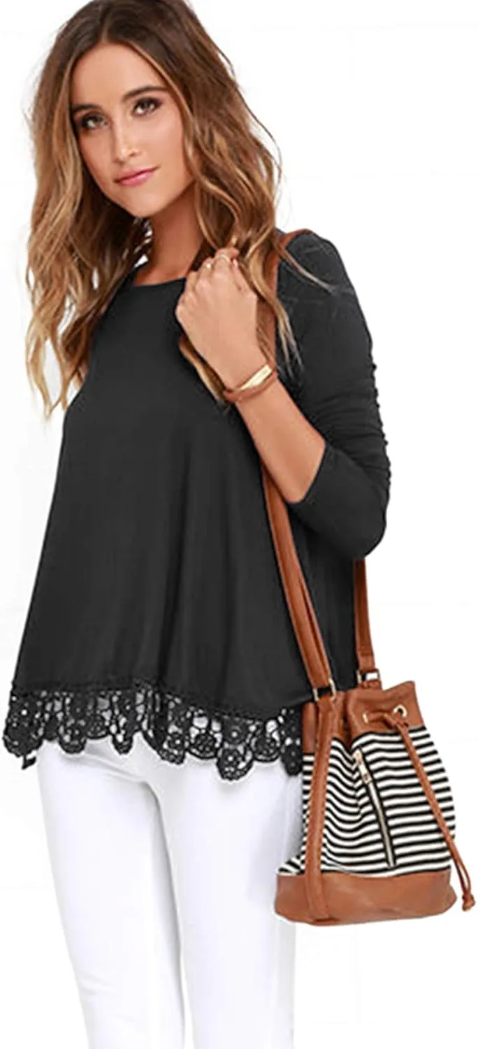 RAGEMALL Women's Tops Long Sleeve Lace Trim O-Neck A-Line Tunic Blouse Tops for Women