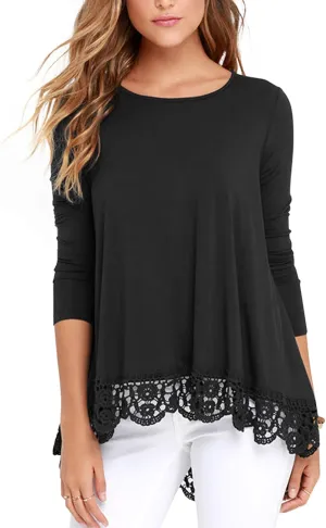 RAGEMALL Women's Tops Long Sleeve Lace Trim O-Neck A-Line Tunic Blouse Tops for Women