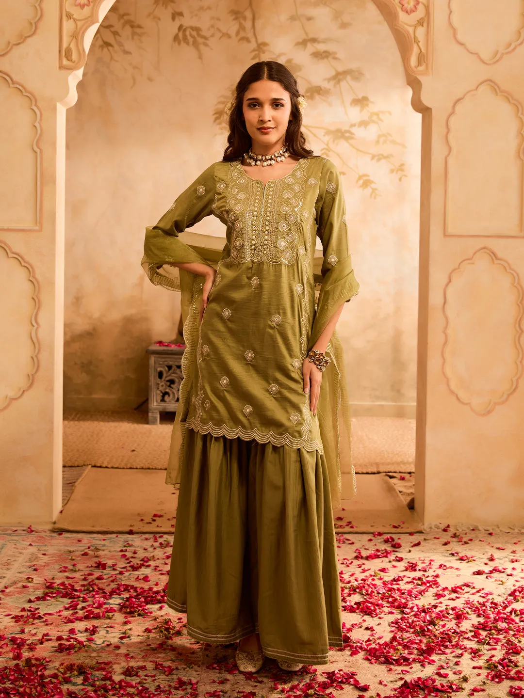 Rajwah Silk Women Green Embroidered Kurta Dupatta Set with Flared Palazzo