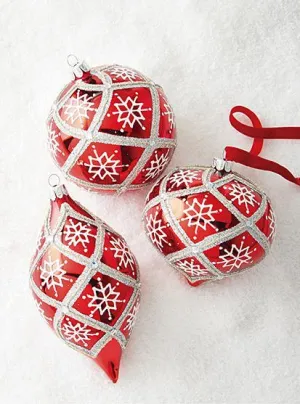 Red and White Snowflake Patterned Glass Ornaments, Set of 3