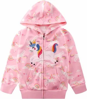 RETSUGO Girls Zip Up Hoodie Jacket Toddler Unicorn Rainbow Sweatshirt Kids Hooded Coat Casual Outerwear Size 2-7 Years