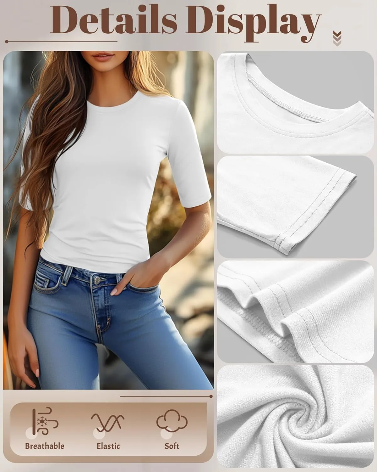 Riyiper 3 Pack Women's 1/2 Sleeve Tops Half Length Sleeve Cotton Crewneck T Shirts Slim Fit Casual Elbow Summer Basic Tees