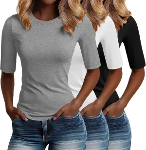 Riyiper 3 Pack Women's 1/2 Sleeve Tops Half Length Sleeve Cotton Crewneck T Shirts Slim Fit Casual Elbow Summer Basic Tees