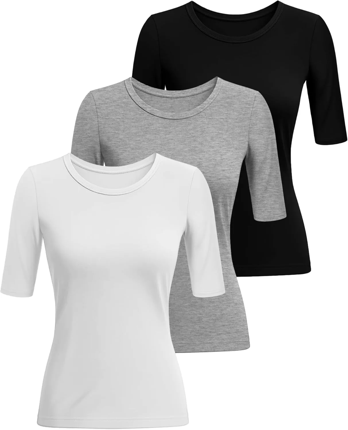 Riyiper 3 Pack Women's 1/2 Sleeve Tops Half Length Sleeve Cotton Crewneck T Shirts Slim Fit Casual Elbow Summer Basic Tees