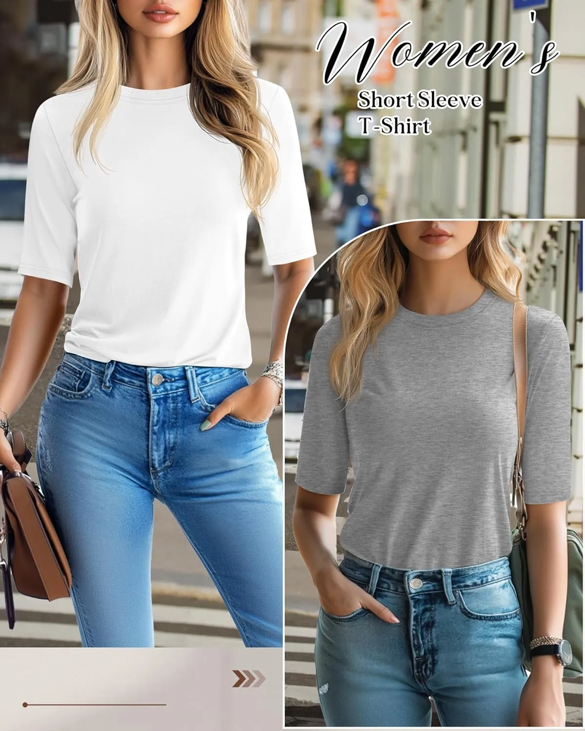Riyiper 3 Pack Women's 1/2 Sleeve Tops Half Length Sleeve Cotton Crewneck T Shirts Slim Fit Casual Elbow Summer Basic Tees