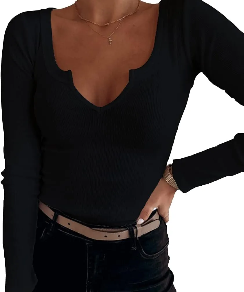 Roselux Women V Neck Ribbed Long Sleeve Shirt Fitted Basic Slim Knit Top