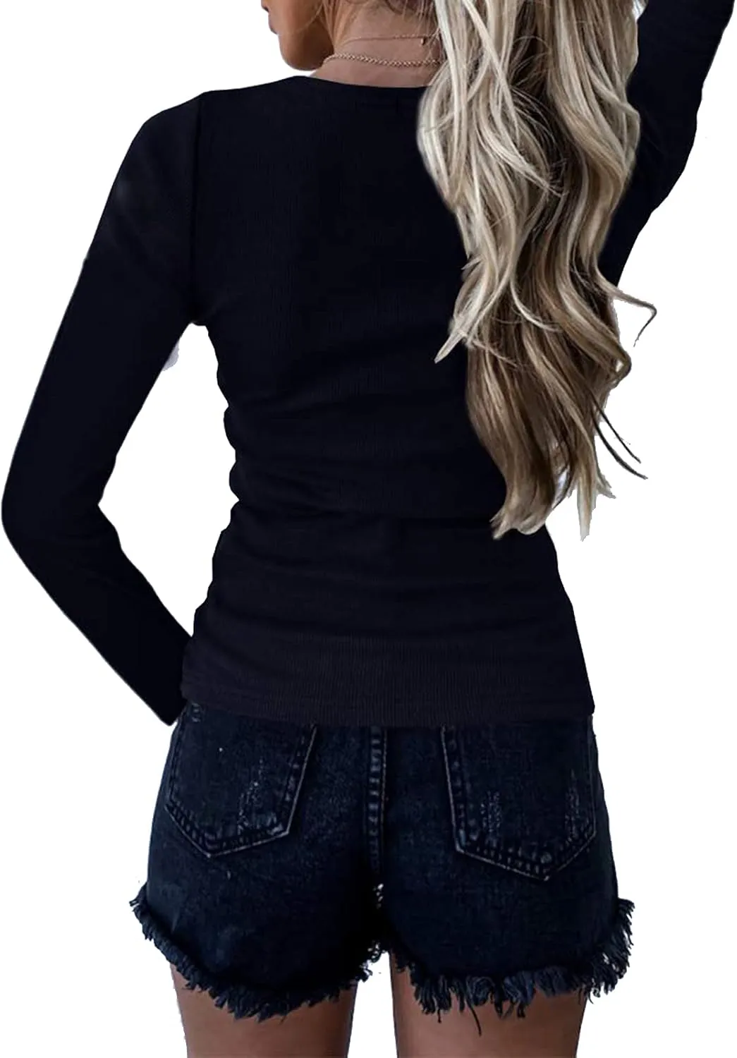 Roselux Women V Neck Ribbed Long Sleeve Shirt Fitted Basic Slim Knit Top