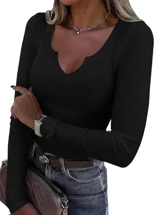 Roselux Women V Neck Ribbed Long Sleeve Shirt Fitted Basic Slim Knit Top