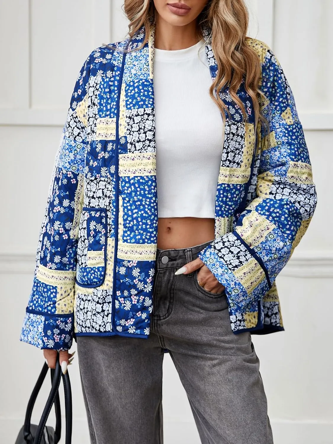 Tankaneo Womens Floral Patchwork Quilted Jacket Lightweight Cropped Open Front Puffer Coat Fall Oversized Short Outerwear