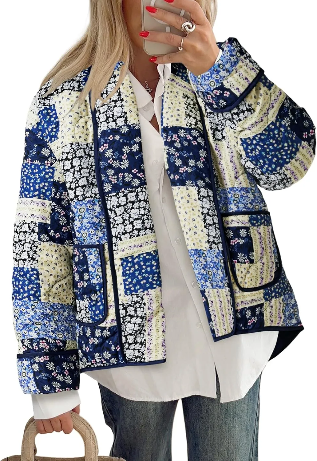 Tankaneo Womens Floral Patchwork Quilted Jacket Lightweight Cropped Open Front Puffer Coat Fall Oversized Short Outerwear