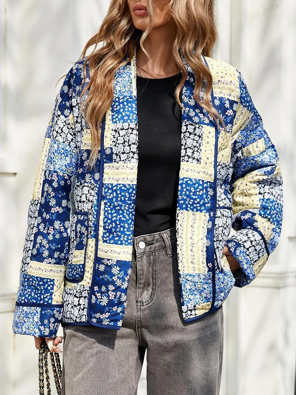 Tankaneo Womens Floral Patchwork Quilted Jacket Lightweight Cropped Open Front Puffer Coat Fall Oversized Short Outerwear