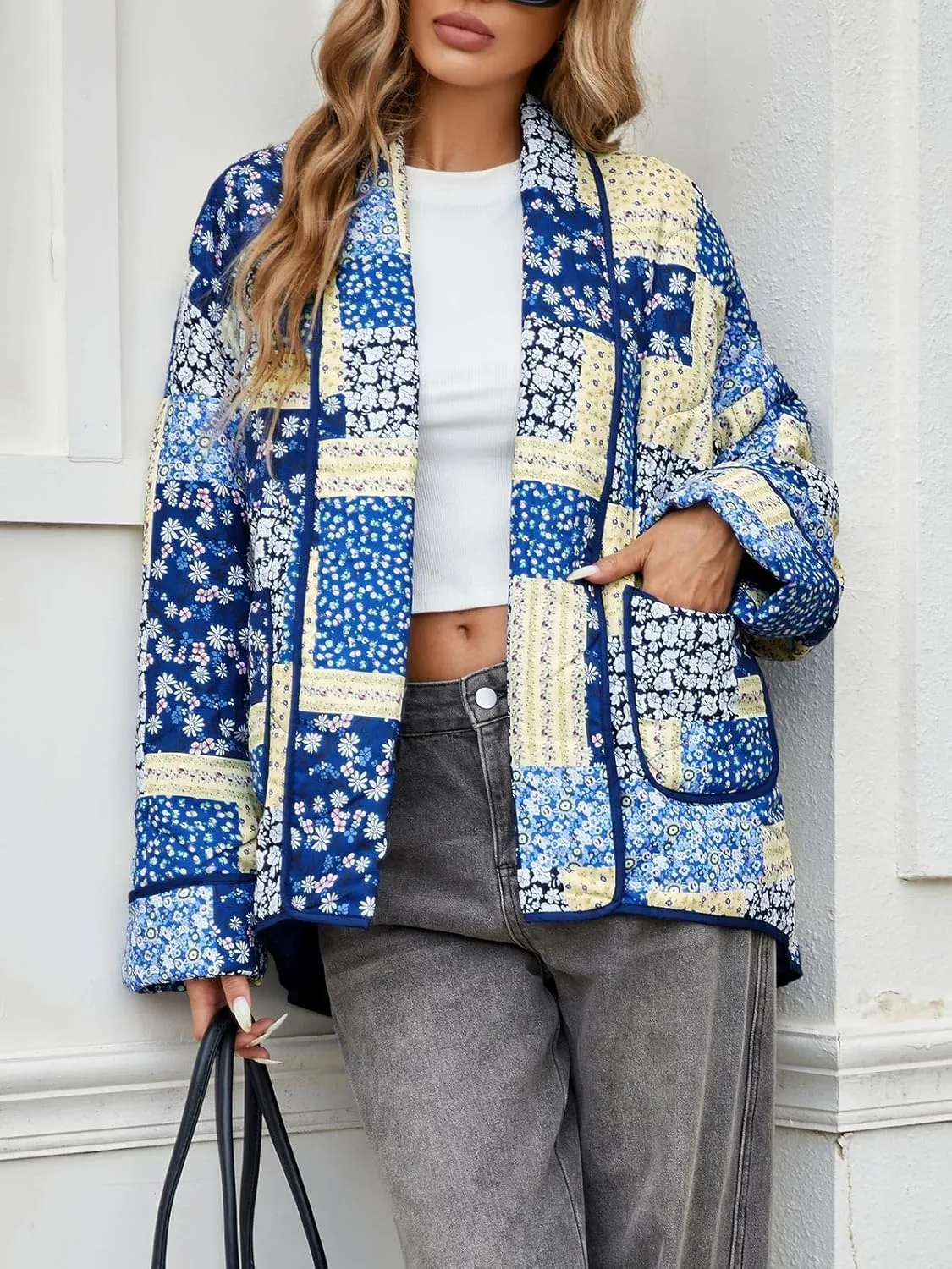 Tankaneo Womens Floral Patchwork Quilted Jacket Lightweight Cropped Open Front Puffer Coat Fall Oversized Short Outerwear