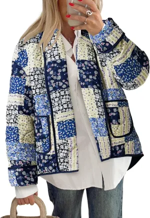 Tankaneo Womens Floral Patchwork Quilted Jacket Lightweight Cropped Open Front Puffer Coat Fall Oversized Short Outerwear