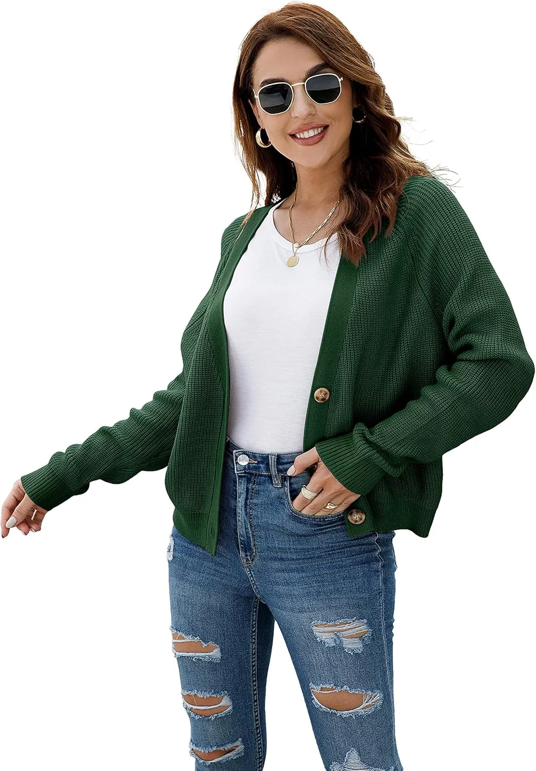 TASAMO Women's Long Sleeve Knit Sweater Open Front Cardigan Button Loose Outerwear