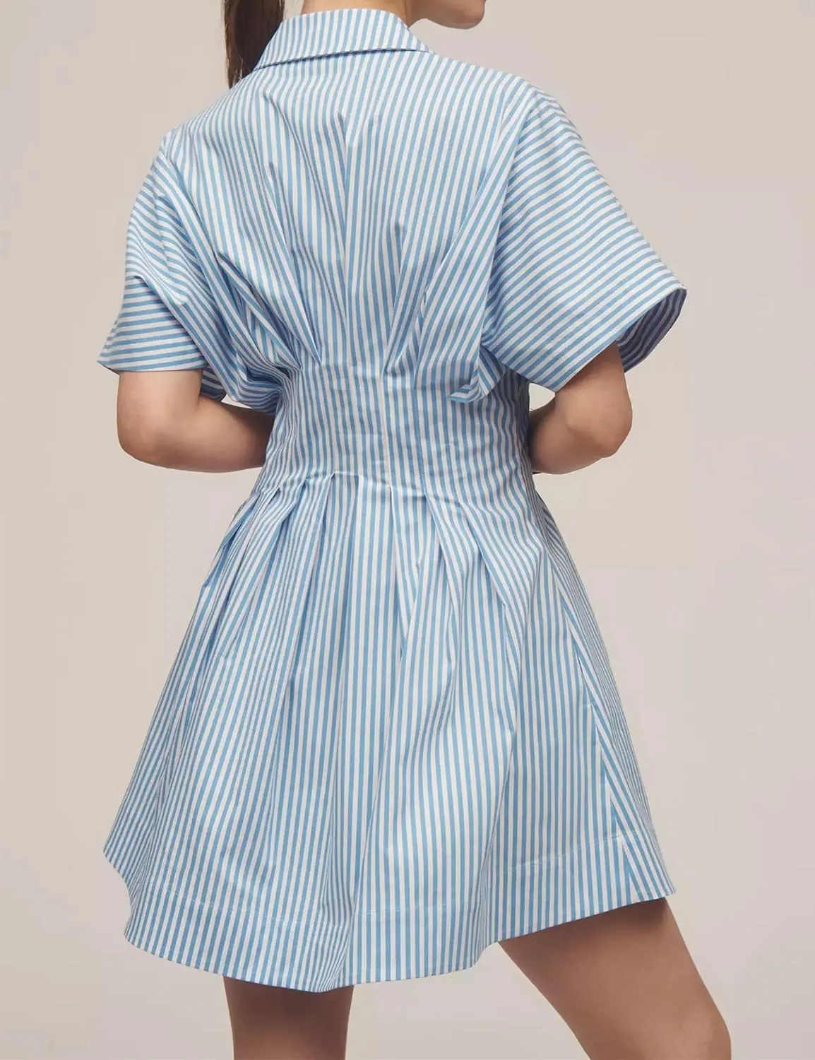 Women Button Front Pleated Shirt Dresses Summer Casual Short Sleeve Pleated Blouse Mini Dress
