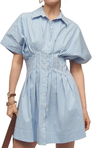 Women Button Front Pleated Shirt Dresses Summer Casual Short Sleeve Pleated Blouse Mini Dress