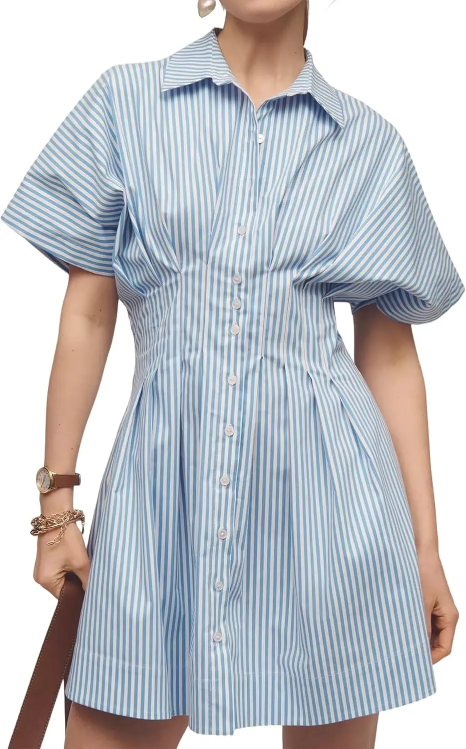 Women Button Front Pleated Shirt Dresses Summer Casual Short Sleeve Pleated Blouse Mini Dress
